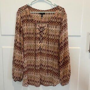 Jessica Simpson 2X Blouse Brown Beige Abstract Print Lace-Up Long Sleeve Sheer